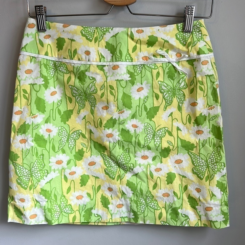 LILLY PULITZER Vintage White Label Green yellow daisy Butterfly Skirt Sz 0